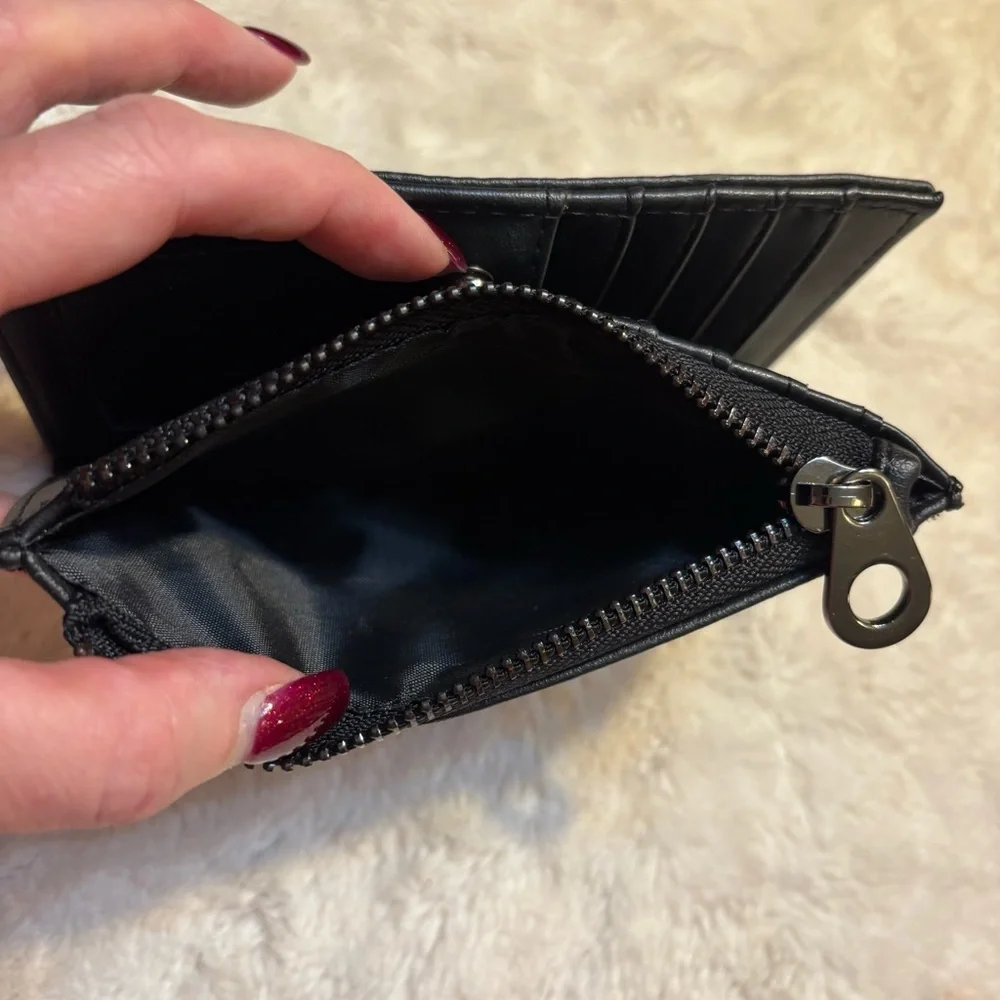 Black Wallet Faux Leather Steel Hardware Snap Closure Zip Pocket Billfold